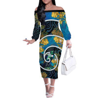 New Zealand Tui Bird Family Matching Off The Shoulder Long Sleeve Dress and Hawaiian Shirt Maori Koru With Kowhai Flowers LT05 Mom's Dress Black - Polynesian Pride