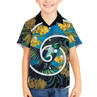 New Zealand Tui Bird Kid Hawaiian Shirt Maori Koru With Kowhai Flowers