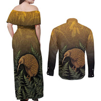 New Zealand Kiwi Bird Couples Matching Off Shoulder Maxi Dress and Long Sleeve Button Shirt Silver Fern Mix Maori Pattern