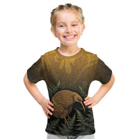 New Zealand Kiwi Bird Kid T Shirt Silver Fern Mix Maori Pattern LT05 Brown - Polynesian Pride