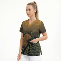 New Zealand Kiwi Bird Scrub Top Silver Fern Mix Maori Pattern