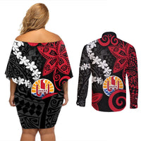 Tahiti Heiva Festival Couples Matching Off Shoulder Short Dress and Long Sleeve Button Shirt Floral Pattern With Coat Of Arms LT05 - Polynesian Pride