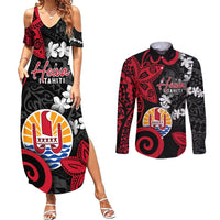 Tahiti Heiva Festival Couples Matching Summer Maxi Dress and Long Sleeve Button Shirt Floral Pattern With Coat Of Arms LT05 Black - Polynesian Pride