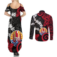 Tahiti Heiva Festival Couples Matching Summer Maxi Dress and Long Sleeve Button Shirt Floral Pattern With Coat Of Arms LT05 - Polynesian Pride