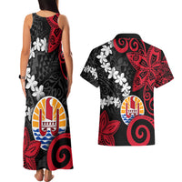 Tahiti Heiva Festival Couples Matching Tank Maxi Dress and Hawaiian Shirt Floral Pattern With Coat Of Arms