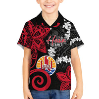 Tahiti Heiva Festival Family Matching Off Shoulder Short Dress and Hawaiian Shirt Floral Pattern With Coat Of Arms LT05 Son's Shirt Black - Polynesian Pride