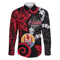 Tahiti Heiva Festival Family Matching Puletasi and Hawaiian Shirt Floral Pattern With Coat Of Arms LT05 Dad's Shirt - Long Sleeve Black - Polynesian Pride