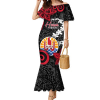Tahiti Heiva Festival Mermaid Dress Floral Pattern With Coat Of Arms LT05 Women Black - Polynesian Pride