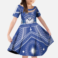 Marshall Islands Jemenei Day Family Matching Off The Shoulder Long Sleeve Dress and Hawaiian Shirt Polynesian Tribal Tattoo Seashell Necklace LT05 Daughter's Dress Blue - Polynesian Pride