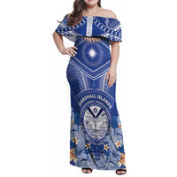 Marshall Islands Jemenei Day Family Matching Off Shoulder Maxi Dress and Hawaiian Shirt Polynesian Tribal Tattoo Seashell Necklace LT05 Mom's Dress Blue - Polynesian Pride