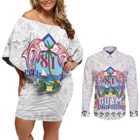 Guam Chamorro Liberation Day Couples Matching Off Shoulder Short Dress and Long Sleeve Button Shirt 82nd Anniversary LT05 White - Polynesian Pride