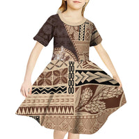 Samoa Siapo Elegant Kid Short Sleeve Dress Hibiscus Chocolate Brown Motifs - Polynesian Pride