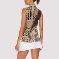 Samoa Siapo Elegant Women Sleeveless Polo Shirt Hibiscus Chocolate Brown Motifs - Polynesian Pride