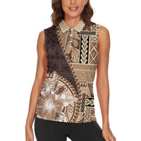 Samoa Siapo Elegant Women Sleeveless Polo Shirt Hibiscus Chocolate Brown Motifs - Polynesian Pride