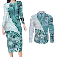 Samoa Siapo Elegant Couples Matching Long Sleeve Bodycon Dress and Long Sleeve Button Shirt Hibiscus Teal Motifs - Polynesian Pride
