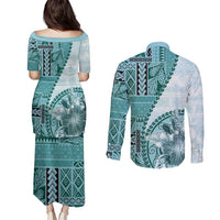 Samoa Siapo Elegant Couples Matching Puletasi and Long Sleeve Button Shirt Hibiscus Teal Motifs - Polynesian Pride
