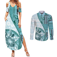 Samoa Siapo Elegant Couples Matching Summer Maxi Dress and Long Sleeve Button Shirt Hibiscus Teal Motifs - Polynesian Pride
