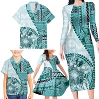 Samoa Siapo Elegant Family Matching Long Sleeve Bodycon Dress and Hawaiian Shirt Hibiscus Teal Motifs LT05 - Polynesian Pride