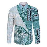 Samoa Siapo Elegant Family Matching Long Sleeve Bodycon Dress and Hawaiian Shirt Hibiscus Teal Motifs LT05 Dad's Shirt - Long Sleeve Teal - Polynesian Pride