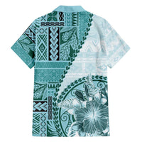 Samoa Siapo Elegant Family Matching Summer Maxi Dress and Hawaiian Shirt Hibiscus Teal Motifs - Polynesian Pride