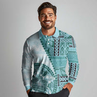 Samoa Siapo Elegant Long Sleeve Polo Shirt Hibiscus Teal Motifs - Polynesian Pride