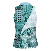 Samoa Siapo Elegant Women Sleeveless Polo Shirt Hibiscus Teal Motifs - Polynesian Pride