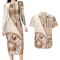 Samoa Siapo Elegant Couples Matching Long Sleeve Bodycon Dress and Hawaiian Shirt Hibiscus Beige Motifs - Polynesian Pride