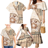 Samoa Siapo Elegant Family Matching Mermaid Dress and Hawaiian Shirt Hibiscus Beige Motifs LT05 - Polynesian Pride