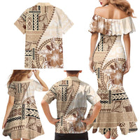 Samoa Siapo Elegant Family Matching Mermaid Dress and Hawaiian Shirt Hibiscus Beige Motifs LT05 - Polynesian Pride