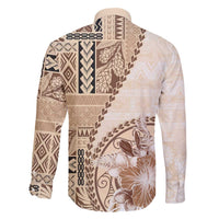 Samoa Siapo Elegant Family Matching Off The Shoulder Long Sleeve Dress and Hawaiian Shirt Hibiscus Beige Motifs LT05 - Polynesian Pride