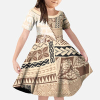 Samoa Siapo Elegant Family Matching Short Sleeve Bodycon Dress and Hawaiian Shirt Hibiscus Beige Motifs LT05 Daughter's Dress Beige - Polynesian Pride
