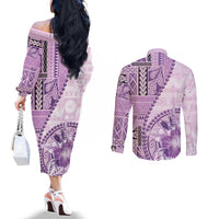 Samoa Siapo Elegant Couples Matching Off The Shoulder Long Sleeve Dress and Long Sleeve Button Shirt Hibiscus Violet Motifs - Polynesian Pride