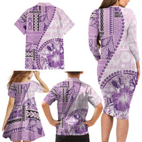 Samoa Siapo Elegant Family Matching Long Sleeve Bodycon Dress and Hawaiian Shirt Hibiscus Violet Motifs LT05 - Polynesian Pride