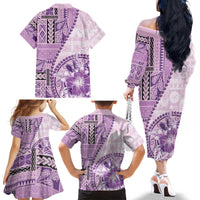 Samoa Siapo Elegant Family Matching Off The Shoulder Long Sleeve Dress and Hawaiian Shirt Hibiscus Violet Motifs LT05 - Polynesian Pride