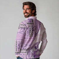 Samoa Siapo Elegant Long Sleeve Polo Shirt Hibiscus Violet Motifs - Polynesian Pride