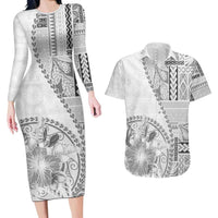 Samoa Siapo Elegant Couples Matching Long Sleeve Bodycon Dress and Hawaiian Shirt Hibiscus White Motifs - Polynesian Pride