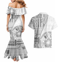 Samoa Siapo Elegant Couples Matching Mermaid Dress and Hawaiian Shirt Hibiscus White Motifs - Polynesian Pride