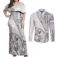 Samoa Siapo Elegant Couples Matching Off Shoulder Maxi Dress and Long Sleeve Button Shirt Hibiscus White Motifs - Polynesian Pride