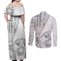 Samoa Siapo Elegant Couples Matching Off Shoulder Maxi Dress and Long Sleeve Button Shirt Hibiscus White Motifs - Polynesian Pride