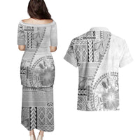 Samoa Siapo Elegant Couples Matching Puletasi and Hawaiian Shirt Hibiscus White Motifs - Polynesian Pride