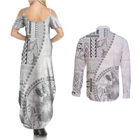 Samoa Siapo Elegant Couples Matching Summer Maxi Dress and Long Sleeve Button Shirt Hibiscus White Motifs - Polynesian Pride