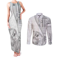 Samoa Siapo Elegant Couples Matching Tank Maxi Dress and Long Sleeve Button Shirt Hibiscus White Motifs - Polynesian Pride