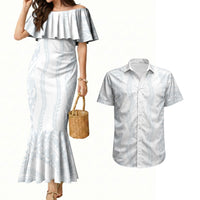 Samoa Lotu Tamaiti Couples Matching Mermaid Dress and Hawaiian Shirt Teuila With Tribal Motifs LT05 White - Polynesian Pride