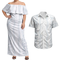 Samoa Lotu Tamaiti Couples Matching Off Shoulder Maxi Dress and Hawaiian Shirt Teuila With Tribal Motifs LT05 White - Polynesian Pride
