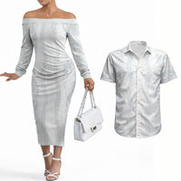 Samoa Lotu Tamaiti Couples Matching Off The Shoulder Long Sleeve Dress and Hawaiian Shirt Teuila With Tribal Motifs LT05 White - Polynesian Pride