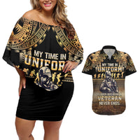 Polynesia Veterans Day Couples Matching Off Shoulder Short Dress and Hawaiian Shirt Thank You Veterans Polynesian Pattern