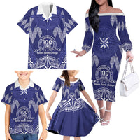 Personalised Queen Salote College Centenary Family Matching Off The Shoulder Long Sleeve Dress and Hawaiian Shirt Tongan Kupesi Pattern LT05 - Polynesian Pride