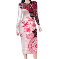 Fiji Family Matching Long Sleeve Bodycon Dress and Hawaiian Shirt Masi Tapa Pattern Red LT05 Mom's Dress Red - Polynesian Pride