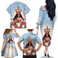 Guam Patroness Family Matching Off The Shoulder Long Sleeve Dress and Hawaiian Shirt The Legend Santa Marian Kamalen LT05 - Polynesian Pride