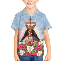Guam Patroness Family Matching Off Shoulder Maxi Dress and Hawaiian Shirt The Legend Santa Marian Kamalen LT05 Son's Shirt Blue - Polynesian Pride